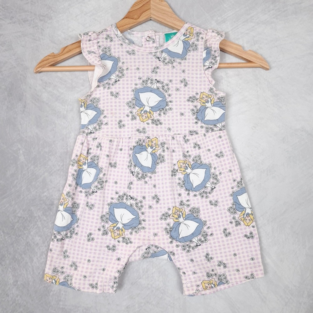 Disney Baby Romper Baby Girls 24M Pink Alice In Wonderland Gingham Floral Ruffle